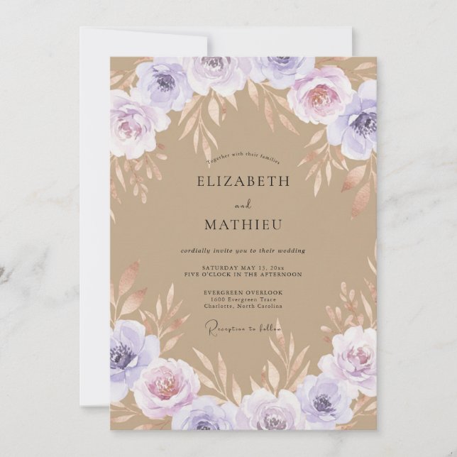 Braunviolette Bemalte Hochzeit Einladung (Vorderseite)
