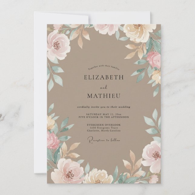 Braunviolette Blätterhochzeit Einladung (Vorderseite)