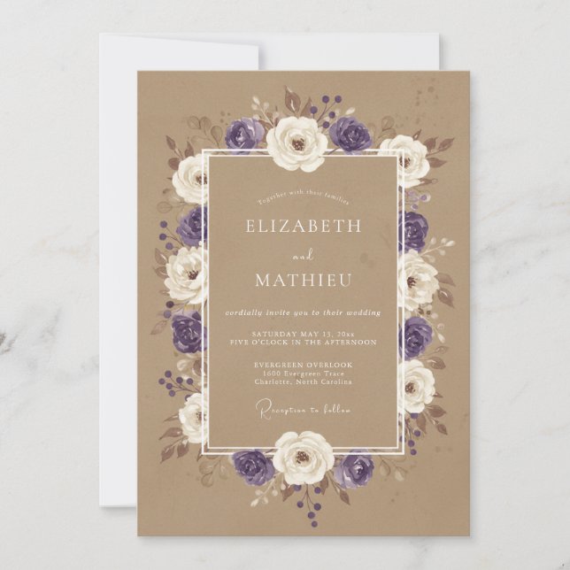 Braunviolette Blumenhochzeit Einladung (Vorderseite)