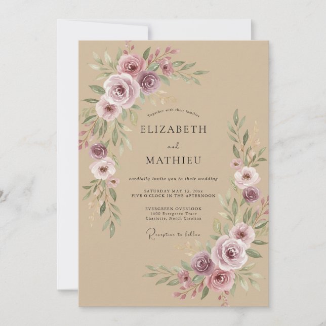 Braunviolette Blütenhochzeit Einladung (Vorderseite)
