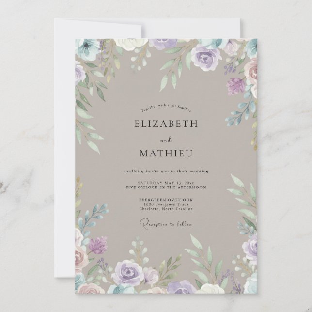 Braunviolette Wildblumen-Hochzeit Einladung (Vorderseite)