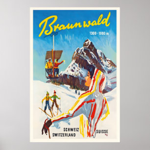 Braunwald Schweiz Vintage-Skiposter - gerahmt Poster