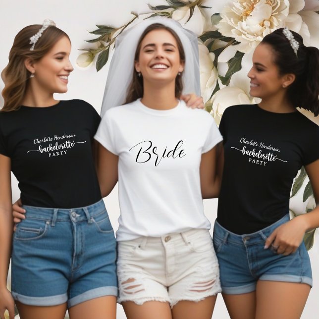 Braut aus weißem und schwarzem Junggeselinnen-Absc T-Shirt (White Bachelorette Party T-Shirt)