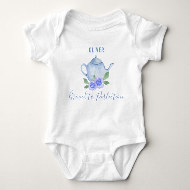 Braut bis Perfection Blue Watercolor Teapot Boy's Baby Strampler (Vorderseite)