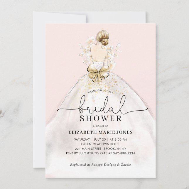 Braut Braut Gown Dress Floral Pink Brautparty Einladung (Vorderseite)