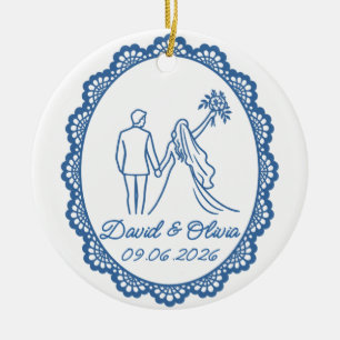 Braut Bräutigam Namen & Hochzeitsdatum Line Art Keramik Ornament
