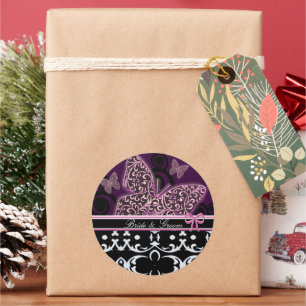 Braut & Bräutigam Schmetterlinge Strudel Rosa Schw Runder Aufkleber