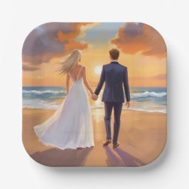 Braut & Bräutigam Strandhochzeit Aquarell Pappteller