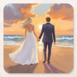 Braut & Bräutigam Strandhochzeit Wasserfarbe Rechteckiger Pappuntersetzer