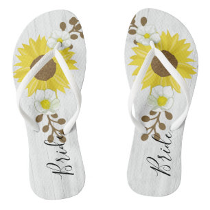 Braut-drehen rustikale hölzerne Sonnenblume-Blumen Flip Flops