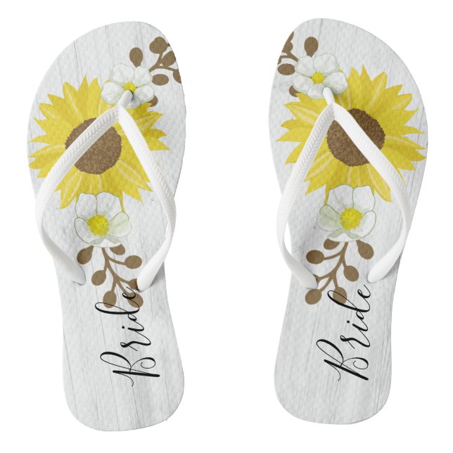 Braut-drehen rustikale hölzerne Sonnenblume-Blumen Flip Flops (Fußbett)