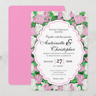 Braut-Einladung mit rosa und weißen Rosen und rosa Einladung