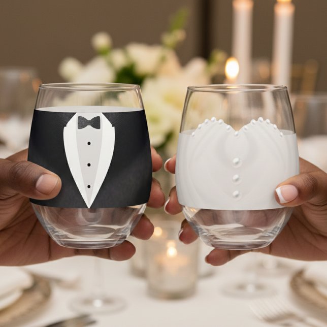Braut & Groom Anzug Hochzeitskleid Mr & Mrs. Weinglas Ohne Stiel (Bride & Groom Suit Wedding Dress Mr. & Mrs Stemless Wine Glass
)