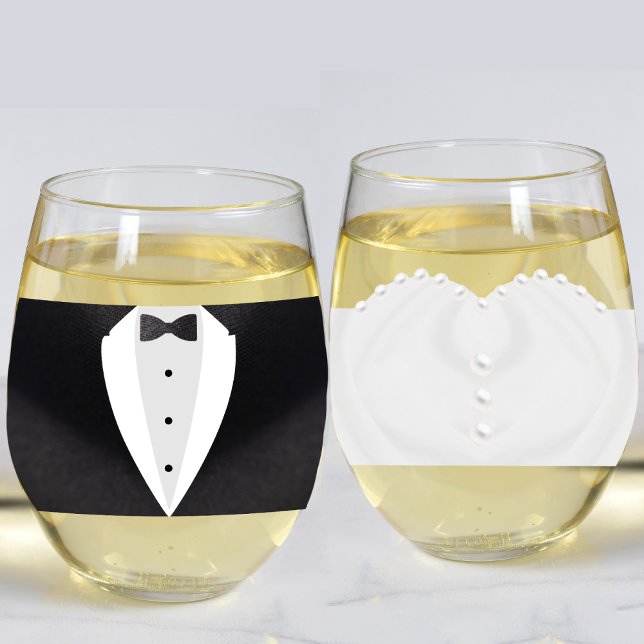 Braut & Groom Anzug Hochzeitskleid Mr & Mrs. Weinglas Ohne Stiel (Bride & Groom Suit Wedding Dress Mr. & Mrs Stemless Wine Glass
)