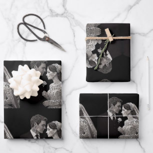 Braut & Groom Delicate White auf schwarz Geschenkpapier Set