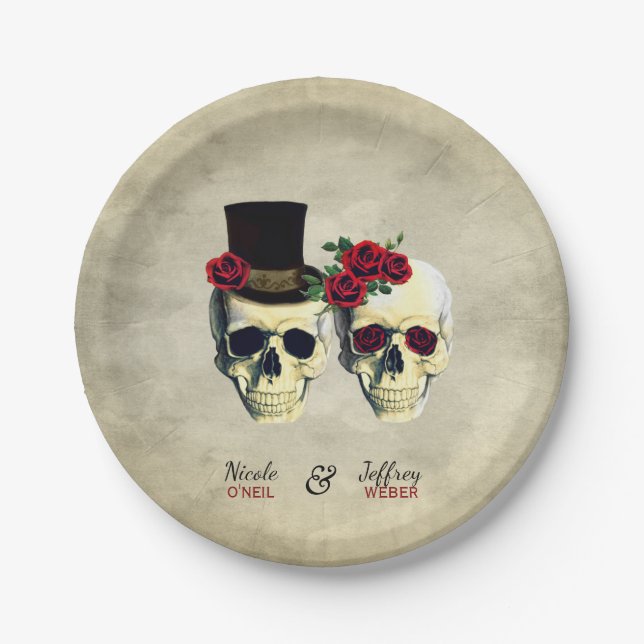 Braut & Groom Goth Skulls Hochzeit Pappteller (Vorderseite)