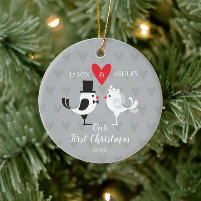 Braut & Groom Love Birds - unser erstes Weihnachts Keramik Ornament (Baum)