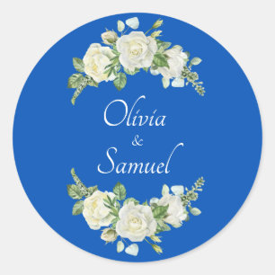 Braut & Groom-Namen Kobalt Blau & Weiße Rosen Runder Aufkleber