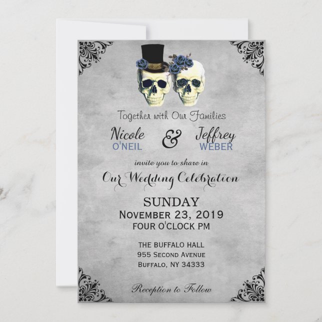 Braut & Groom Skull Goth Rustic Wedding Blue Einladung (Vorderseite)
