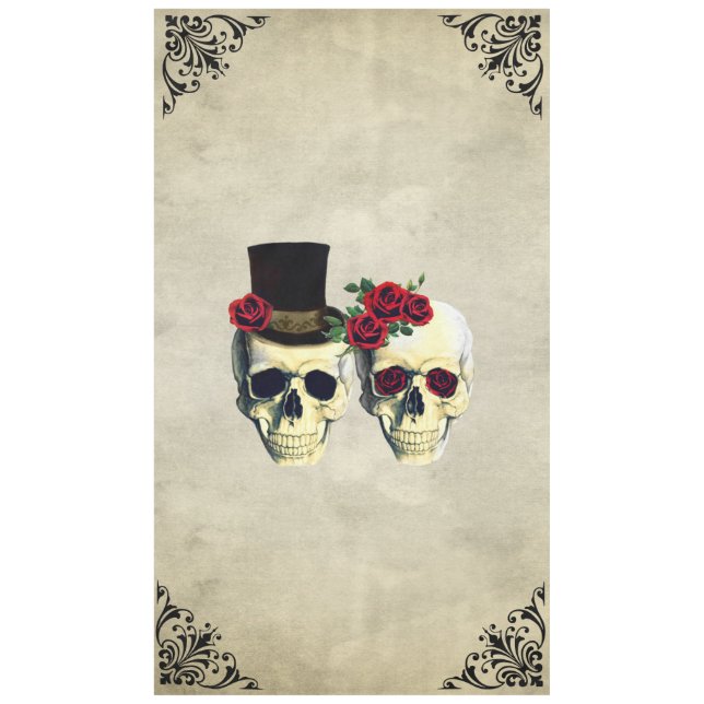 Braut & Groom Skull Goth Rustikale Hochzeit Tischdecke (Vorderseite)