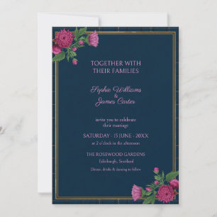 Braut Hochzeit Navy Tartan Blumen Einladung