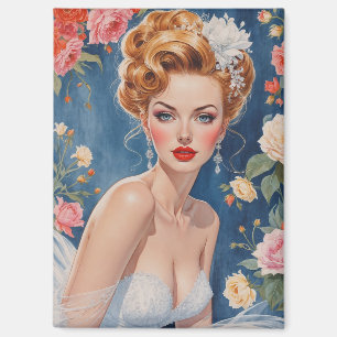 Braut im Pin-Up-Stil mit blonden Haaren vor floral Magnet