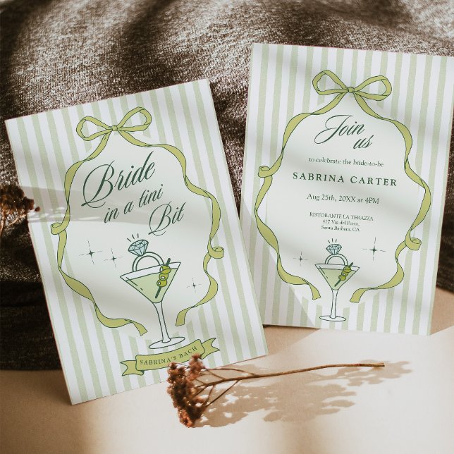 Braut in einer winzigen Junggesellinnen-Abschieds- Einladung (Bride in a Tini Bit Bachelorette Invitation Green)