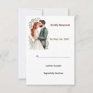 Braut mit kastanienbraunem Haar und Bräutigam mit  RSVP Karte