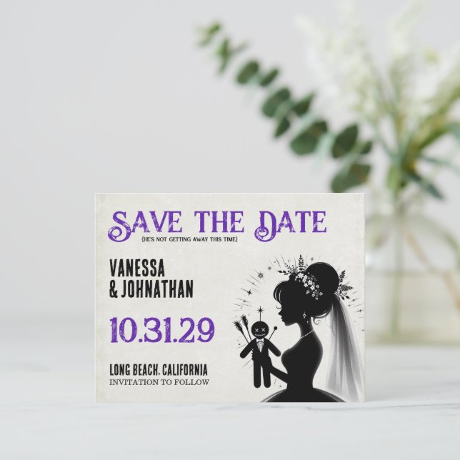 Braut mit Voodoo-Puppengürtel Save The Date (Stehend Vorderseite)