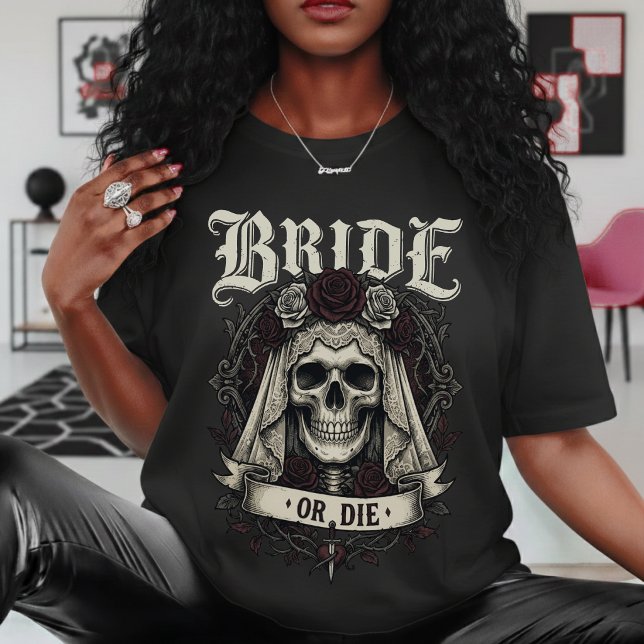 Braut oder stirb Totenkopf Mrs Ehefrau Gothic Hoch T-Shirt (Von Creator hochgeladen)
