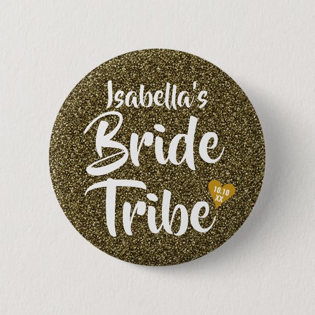 Braut Stamm Gold Datum Herz Personalisiert Glitter Button (Vorderseite)