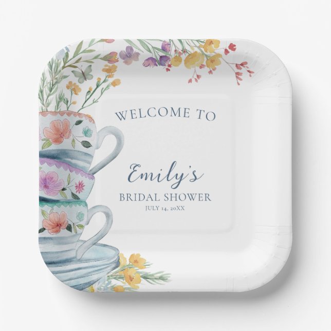 Braut-Teeparty Blau Rosa Blumen Hochzeitsshower Pappteller (Vorderseite)