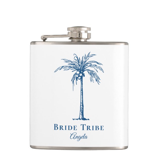 Braut Tribe Blau Tropischer Palmbaum Custom Flachmann (Vorderseite)