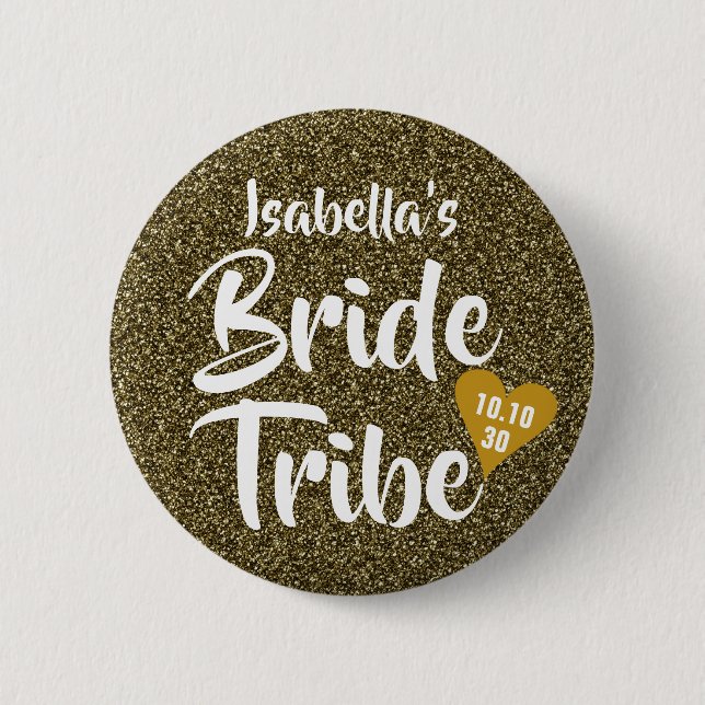 Braut Tribe Gold Datum Herz Personalisierter Glitt Button (Vorderseite)