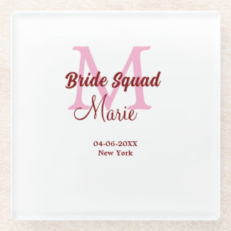 Braut-Truppe Name Monogramm Brautjungfer Pink Datu Glasuntersetzer