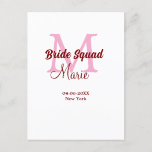 Braut-Truppe Name Monogramm Brautjungfer rosa Datu Postkarte