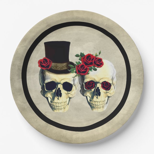 Braut-u. Bräutigam-Schädel-Skeleton rustikale Pappteller (Vorderseite)