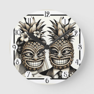 Braut und Bräutigam Aloha Ananas Tiki Kopf Hochzei Runde Wanduhr