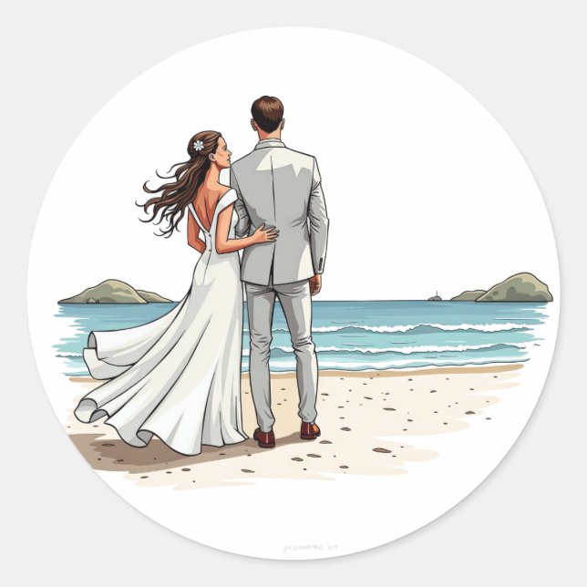 Braut und Bräutigam am Strand Runder Aufkleber (Vorderseite)
