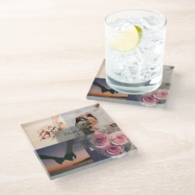 Braut und Bräutigam-FotoCollage zum Hochzeitstag Glasuntersetzer (Schrägansicht)