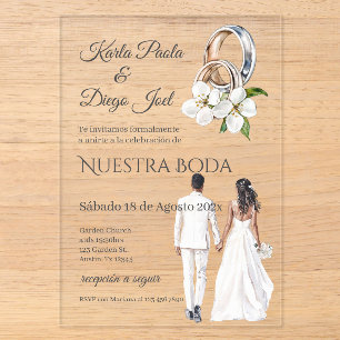 Braut und Bräutigam Hochzeit mit Ringen auf Spanis Acryleinladungen