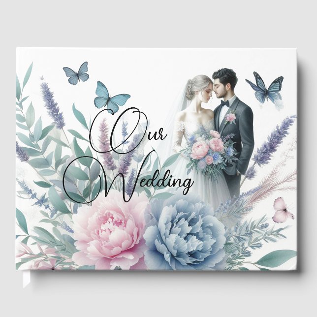 Braut und Bräutigam mit Peonies, Lavendel Gästebuch (Vorderseite)