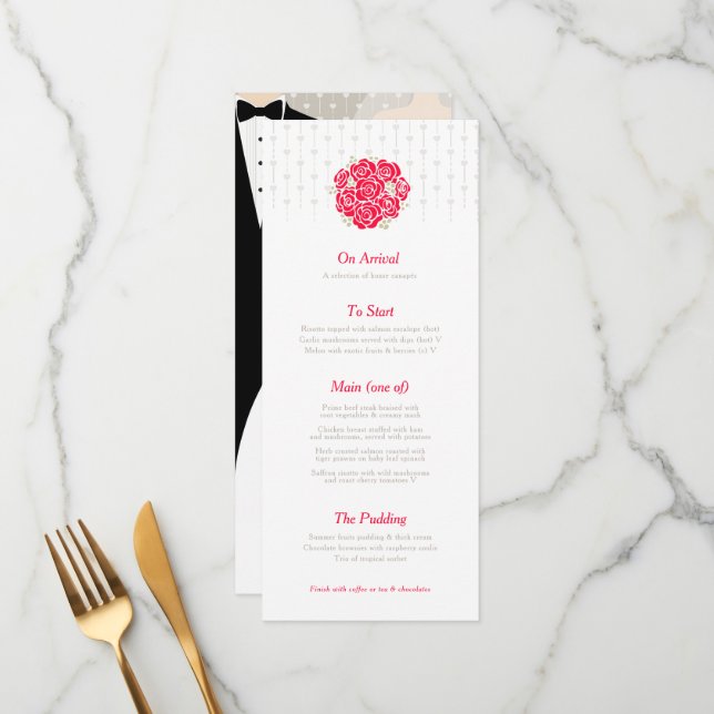 Braut und Bräutigam rotes Brautmenü Menükarte (Vorderseite/Rückseite Beispiel)