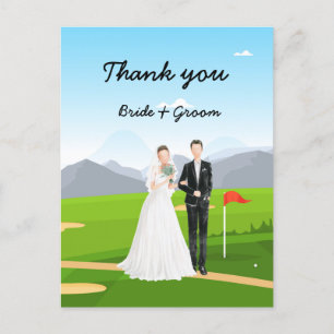  Braut und Groom auf Golfplatz Hochzeit Postkarte