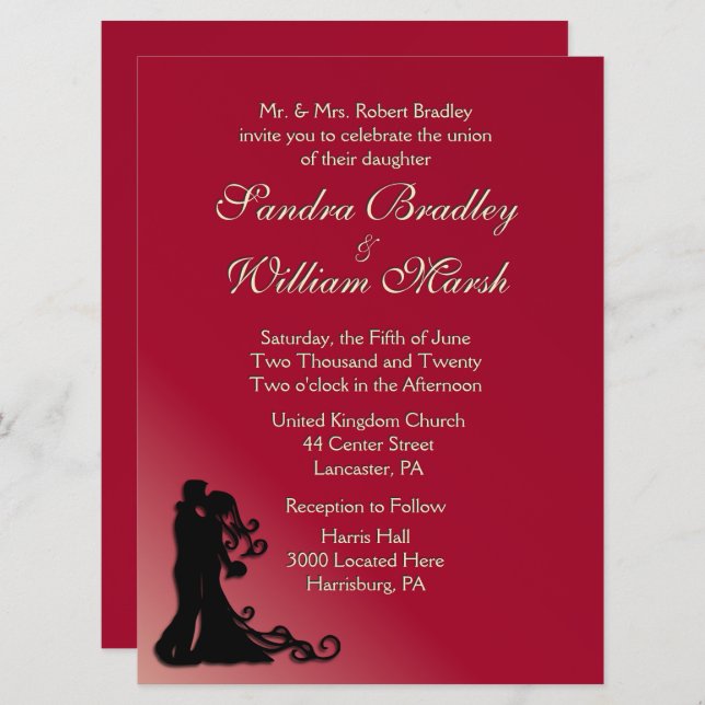 Braut und Groom Burgund Einladung (Vorne/Hinten)