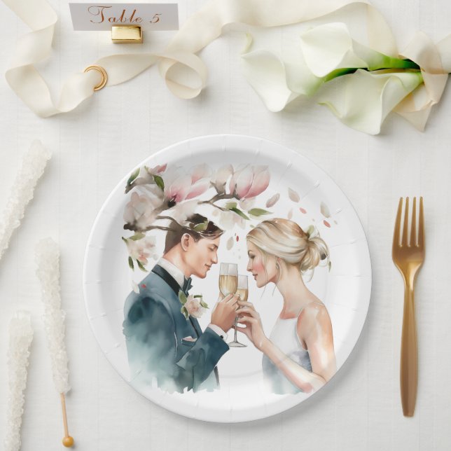 Braut und Groom Champagne Magnolias Pappteller (Hochzeit)
