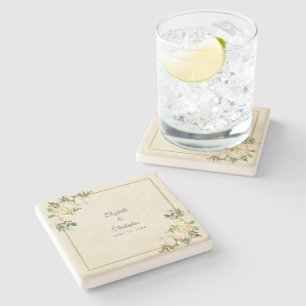 Braut und Groom Hochzeit Elegante Rose Flora Ecru Steinuntersetzer