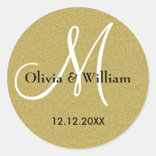 Braut und Groom Monogram Gold Glitzer Hochzeit Runder Aufkleber
