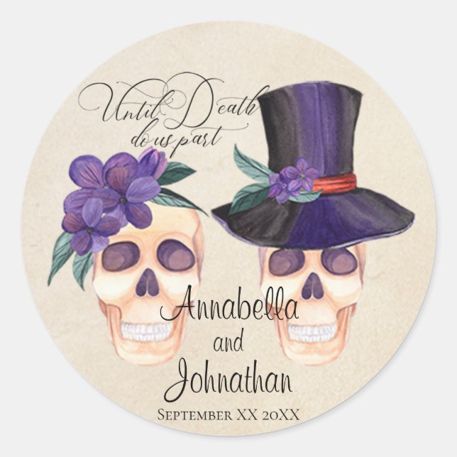 Braut und Groom Skulls Halloween-Hochzeit Runder Aufkleber (Vorderseite)