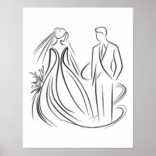 "Braut und Groom Wedding Line Kunst Schwarz und We Poster